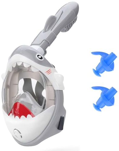 Masque de plongée pour Enfants Apparence du Requin Masque de plongée intégral 180 HD Vue Anti-buée & Anti Fuite Équipement de plongée en apnée (Grey)