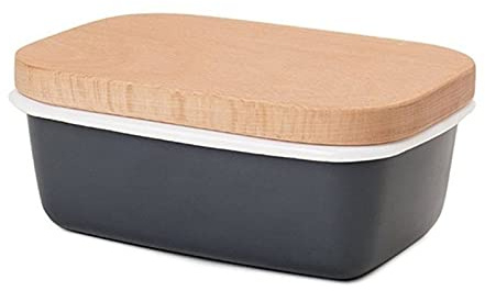 EUTYRG Beurrier, boîte à Beurre, Plats, récipient à Beurre en émail, Assiettes, Plateau avec Couvercle en Bois, boîte de Rangement, Pot à Beurre