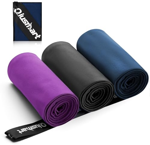 Set di 3 asciugamani in microfibra (40 x 80 cm): ad asciugatura rapida e compatta, per asciugamano da viaggio, asciugamano da bagno, fitness, telo mare e asciugamani sportivi (viola, blu navy + grigio