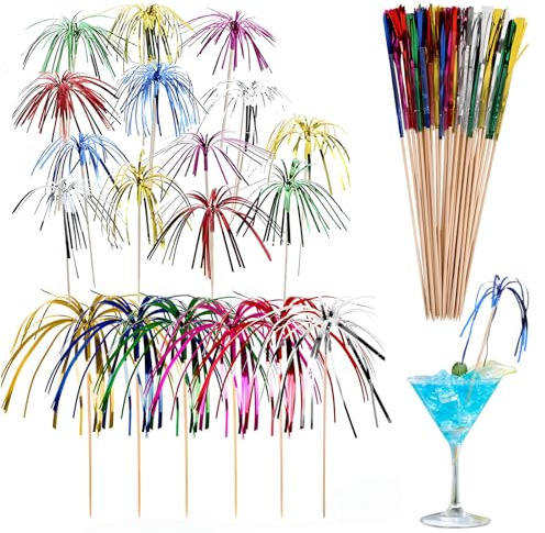 100 Stück Cocktail Deko Feuerwerk Sticks, 18cm/23cm Cocktail Schirmchen Picks, Glitzerpalmen Cocktailspieße, Farbe Cocktailschirmchen Feuerwerk Sticks für Party, Bar, Früchten (Mischfarbe)