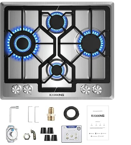 Gas Hob 4 Burners, 60cm Built-in Stainless Steel Cooktop, NG/LPG Convertible Propane Gas Stove with Flame Failure Thermocouple Protection, Cast Iron Pan Support, 8800W High Power