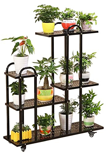 Macetero de hierro forjado con ruedas | Estantería escalonada para plantas de interior y exterior | Expositor versátil con escalera | Soporte para múltiples macetas para jardín, ventana y pa