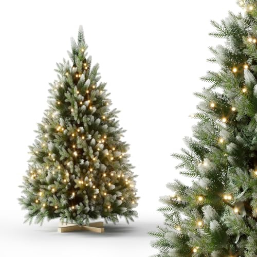 150cm Weihnachtsbaum Künstlich mit LED Beleuchtung、Schnee-Effekt、Kiefernzapfen，Automatischer Tannenbaum Künstlich PVC +PE mit Christbaum Holzständer,Nordmanntanne,Schwer Entflammbarer Christbaum