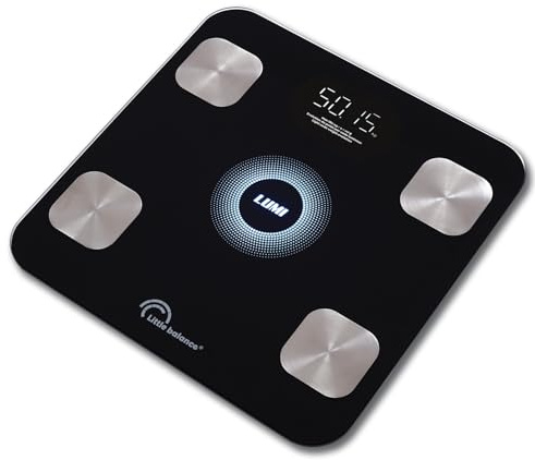 LITTLE BALANCE 8861 i-Lumi, Pèse-personne connecté, Balance Impédancemètre connectée, 14 données corporelles, 180 kg, Verre trempé, Noir