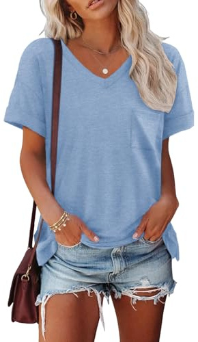 Cuptacc Camisetas Manga Corta Mujer con Cuello en V de Verano Blusas de Mujer Elegantes Top de Manga Corta con Bolsillo