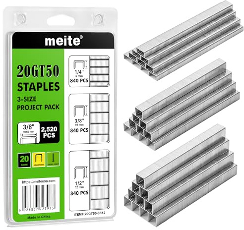 meite T50 Heftklammern, 3 Größen im Sortiment (6 mm, 10 mm, 12 mm, je 840 Stück) Klammern für Tacker, Verzinkt 20Ga 10 mm Krone T50 Heftklammern, Ideal für Polsterarbeiten, Bauwesen, Möbel, Basteln