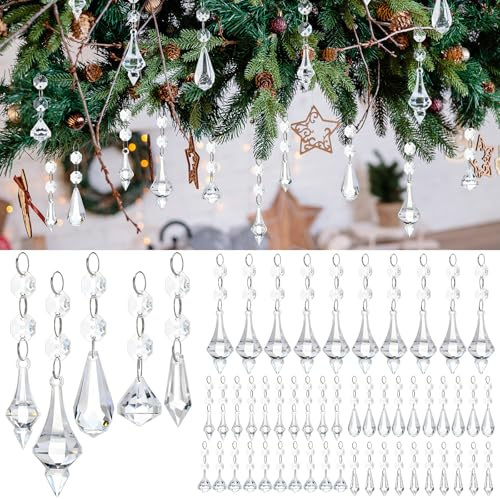 JolliLudo 50 Pack Acrylic Hanging Crystals Garland Ornaments Centerpieces Home Decor Clear Plastic Icicle Prism Drop Pendant Crystal Beads for Wedding Party Decor