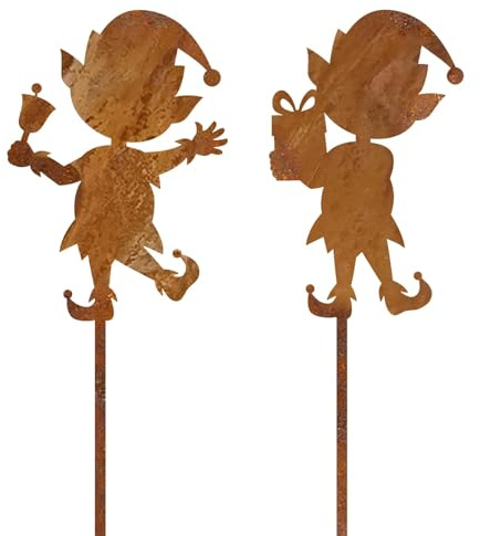 PIujsym Wichtel Figuren, Rost Gartenstecker Weihnachten 2 Stück – Edelrost Weihnachtsdeko Outdoor Mit Weihnachtswichtel & Tannenbaum, Wetterfest Metall Garten Deko Für Winter & Herbst