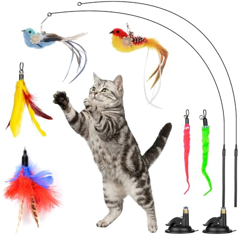 Oziral Interactive Cat Feather Toy with Suction Cup – 10-Piece Set Including 2 Detachable Wands & 6 Replacement Teasers, No-Marking Vacuum Base for Indoor Play
