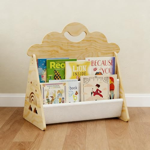 CEWROM Estantería infantil de madera, Montessori para niños, estantería de madera de doble cara con bolsillos de lona resistentes, portátil con asa, estantería infantil para habitación de niños, sala