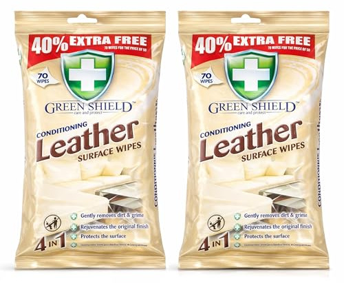 2 x Green Shield Leather Cleaning Wipes 70 Pack – 4 in 1 Leather Surface Cleaner for Car Seats, Sofa & Furniture, Cleans, Nourishes & Protects Leather, Disposable Wipes for Home & Car Leather Care