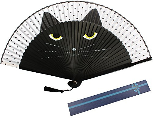 KAKOO Damen Handfächer mit Geschenkbox Katze Stofffächer Vintage Fächer Wand Dekofächer Tanzfächer Hochzeit Party Karneval Zubehör