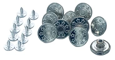Telliswelt 10 Nähfrei Jeansknöpfe Messing silber 17 mm Ersatzknopf | 10 nähfreie Jeansknöpfe Messing silber 8-Sterne, 17 mm, Metall/Kunststoff. Ersatzknopf für Hose, Jacke, Jeans, ohne Nähen.