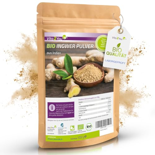 Vita2You Bio Ingwer Pulver 1 kg im Zippbeutel - 100% Naturbelassen - Ökologischer Anbau - Glutenfrei - Ingwerpulver - Premium Qualität