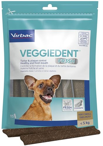 Virbac VeggieDent FR3SH - Snack Dental para Perros de Razas Extra pequeñas (<5 kg) - Ayuda contra el sarro y el Mal Aliento -15 Unidades