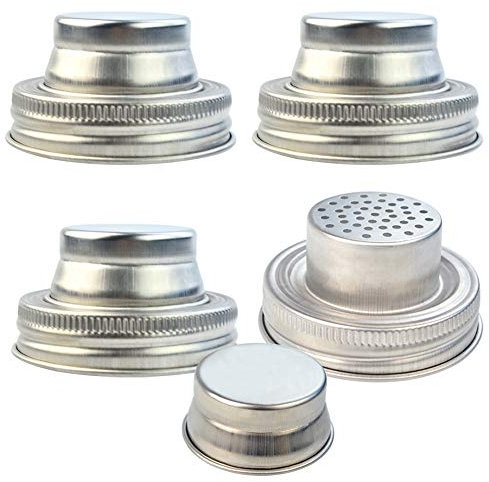 obmwang 4 Pack of Stainless Steel Mason Jar Shaker Lids Caps for Cocktail,Dredge Flour,Mix Spices,Sugar, Salt, Peppers and More or Shake Drinks Cocktail--Fits Any Regular Mouth Mason Jar Canning Jar