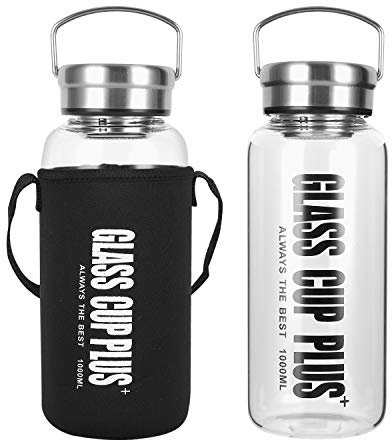 Glass Water Bottle 1 Litre, Sports Water Bottle, Borosilicate Wide Mouth Glass Drinking Bottles with Stainless Lid, Strainers Neoprene Sleeve and Brush, Reusable Water Bottle Ideal for Fitness, Office