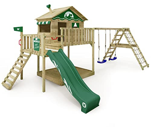 WICKEY Spielturm Klettergerüst Smart Ocean mit Schaukel & grüner Rutsche, Outdoor Kinder Kletterturm mit Sandkasten, Leiter & Spiel-Zubehör für den Garten