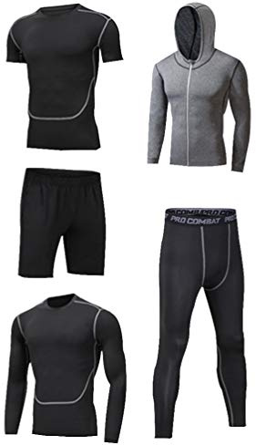 LucaSng Män 5 delar kompression funktionella underkläder sportkläder set, sportdräkt snabbtorkande jogging kläder tights löpkläder tröja gym träning löpning träningsoverall