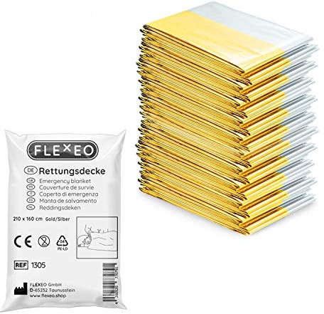 FLEXEO 10x Rettungsdecke Gold Silber - 210cm x 160cm - Rettungsfolie - Notfall - Erste-Hilfe-Decke - Notfalldecke - Rettungsdecken - Emergency Blanket - Goldfolie - Silberfolie