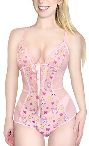 LittleForBig Women Nightwear Mesh Lace V Neck Usagi One Piece Baby Doll Lingerie Bodysuit