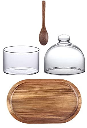 VOSAREA 4piezas Bandeja De Madera Ovalada Taza De Vidrio y Tapa Juego Para Servir Bebidas y Postres Para Casa y Restaurantes