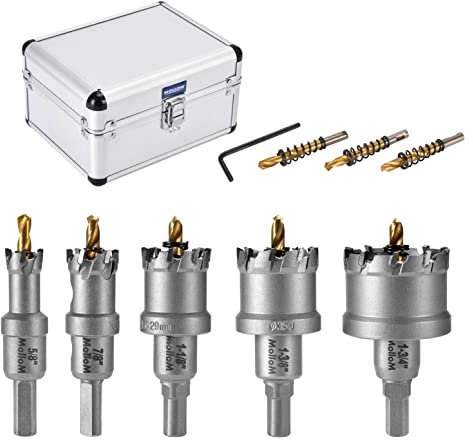 Mollom 5Pcs (16-45mm) TCT Carbide Hole Saw Kit for Hard Metal, 5Pcs Hole Cutters with 3Pcs Extra Pilot Drill bits and 2Pcs Hex Key for Stainless Steel, Iron,Aluminum,Alloy,Metal.