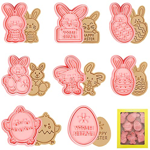 Pasqua Formine Biscotti, Tagliabiscotti 3D Pasqua, 8 Pezzi Formine per Biscotti Plastica Set, Stampi Biscotti, Coniglio, Uovo, Conigliett, Pulcino, Stampo 3D