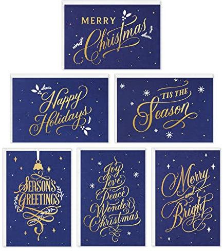 Hallmark Boxed Christmas Cards Assortment, Blue and Gold Holidays (6 Designs, 72 Cards with Envelopes)