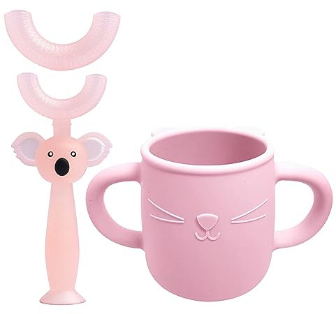 Brunoko Cepillo de dientes infantil Set de taza y cepillo de dientes de silicona - Incluye taza de aprendizaje y cepillo para niños