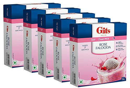 Gits Falooda Mix Rose Drink Mix 200g - Delicious Beverage-Cum-Dessert With Vermicelli, Sweet Basil (Sabja Seeds) And Rose Flavour - Ready In 3 Easy Steps Drink Mix – Makes 7 Servings (Pack of 5)