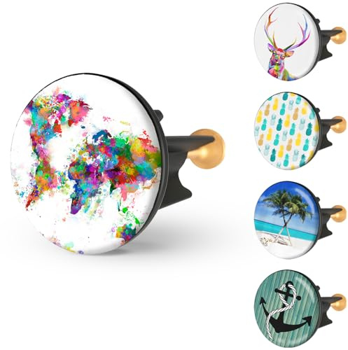 arteneur Waschbeckenstöpsel 40mm mit Motiv Weltkarte | Excenterstopfen mit Edelstahl-Kopf, extra schwere Messingschraube für stabilen Halt, höhenverstellbar 65-85 mm, rostfrei