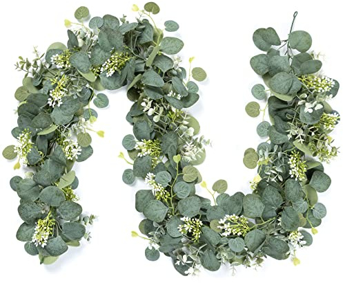 UXORSN 2PCS Artificial Eucalyptus Garland 6FT Faux Silver Dollar Foliage Greenery Vines Fake Leaves White Seeds Hanging Ivy Artificial Foliage Garlands for Wedding Party Mantle Table Home Decoration
