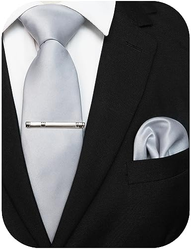 JEMYGINS Herren Krawatte mit Matte Oberfläche inklusive Einstecktuch und Krawattenklammer Set