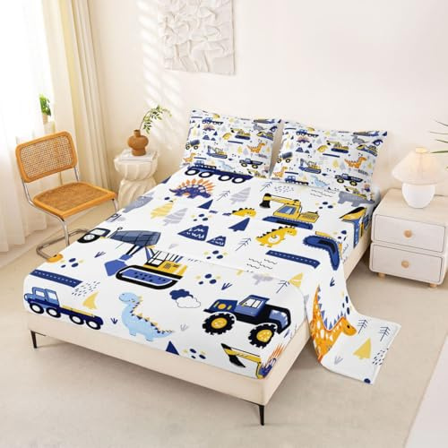 Feelyou Cartoon Car Bed Sheets for Boys Full Size Toddler Kids Construction Dinosaur Bed Set Equipment Trucks Sheet Set Cute Vehicles Kawaii Jungle Dino Sheets Decor,Yellow Blue