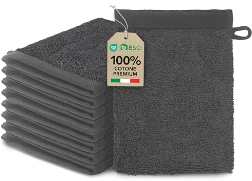 Lot de 10 Gants de Toilette 15x20 cm Gris foncé Coton 500 g/m² – certifié Oeko TEX, Doux, Absorbant et Durable.