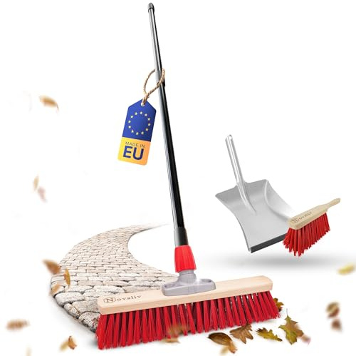 Novaliv Straßenbesen mit Teleskopstiel 50 cm Kehrblech mit Düllgriff und Handfeger Elaston rot Besen mit Stiel ausziehbar I Industriebesen Kehrbesen Gartenbesen Hofbesen