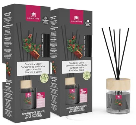 CRISTALINAS | Pack de 2 Ambientadores Hogar Mikado para Hogar | Aroma Sándalo y cedro | 100% Puro | Larga Duración 8 Semanas | 2x35ml | 0% Alcohol