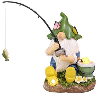 TERESA'S COLLECTIONS Garden Ornaments Outdoor, Lovely Fishing Gnomes with Flowers and Solar Lights, Family Gnomes Series, Waterproof Resin Ornaments, Garden Decorations Gifts Indoor Outdoor 23CM