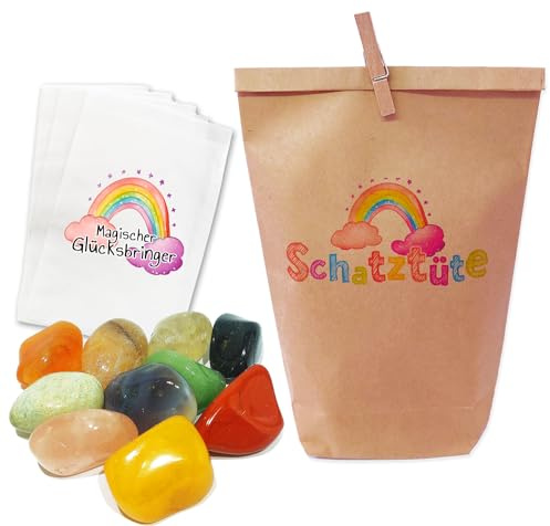 10x Magische Glückssteine in einer bezaubernden Schatztüte! 10x Glückstein-Tütchen, liebevoll bedruckt, tolles Gastgeschenk und Mitgebsel für Kindergeburtstag, Schatzsuche, Schnitzeljagd oder Hochzeit