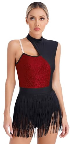 CHICTRY Ballettanzug Damen Glitzer Pailletten Standard Kleid Ärmellos Tanzkleid Latein Cha Cha Tanzkostüm Fransen Trikot Kleid Eiskunstlauf Kleidung Auftritt