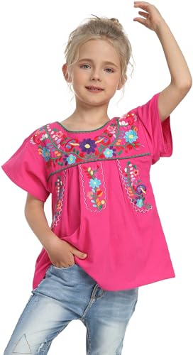 YZXDORWJ Mexican Blouse for Girls Traditional Embroidered Summer Short Sleeve Peasant Blouse for Kids (140, G69MR)