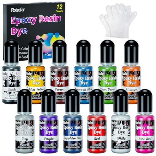 Roizefar Epoxidharz Farbe, 12 Farben flüssiger Harz-Farbstoff für DIY | Transluzente Epoxy Resin Pigment, durchscheinendes Resin Farbe für Harzkunst, Malen und Schmuckherstellung, je 10 ml