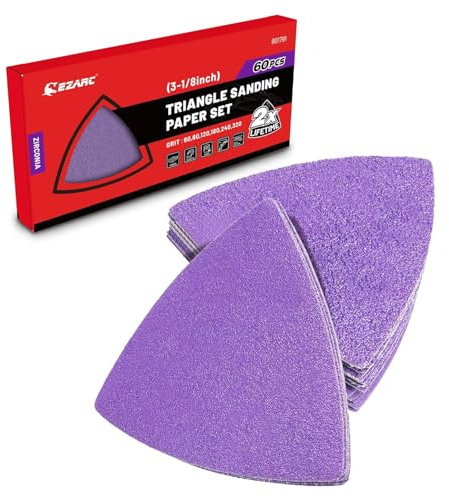 EZARC Lot de 60 patins de ponçage triangulaires en oxyde de zirconium de 7,9 cm, grain 60/80/120/180/240/320, papier de verre multifonction pour outil oscillant de 7,9 cm, patins de ponçage de détail
