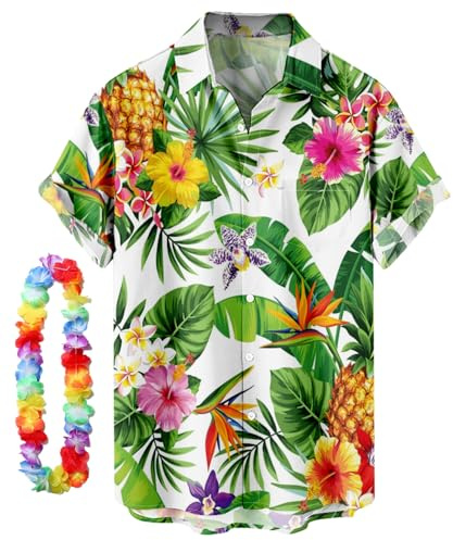 CIZEUR Chemise hawaïenne Homme Imprimée à Manches Courtes Colorées- Fleurs -Ananas -Coco-Flamants Roses，M WT-Feuille Verte et Ananas