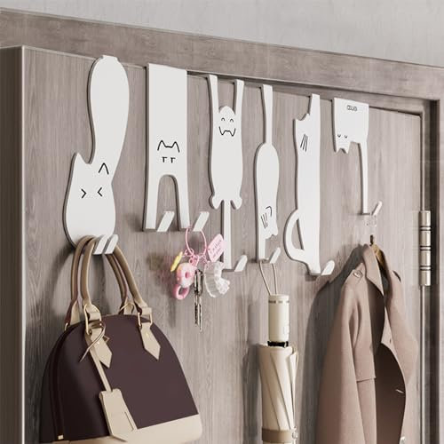 Herfair 6 PCS Türhaken, Türgarderobe Haken, Kreativ Katzen Türhaken Zum Einhängen, Kleiderhaken Tür Innenseite Türhänger Handtuchhalter Tür Türhakenleiste für Badezimmer