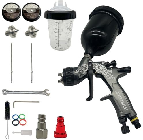 HVLP Air Spray Gun, 1.3mm/1.8mm Stainless Steel Nozzle, Paint Sprayer Kit, 600ml Paint Cup, 400ml Mixing Cup and Adaptor, Professional Gravity Feed Spray Gun for Paint and Varnish