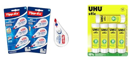Tipp-Ex Korrekturroller Mini Pocket Mouse, 6 m x 5 mm, 2er Pack (2 x 3 Stk) & UHU Stic, Der Bewährte Klebestift - Klebt Stark, Schnell und dauerhaft, 5 x 40 g