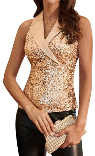 GRACE KARIN Damen Elegant V-Ausschnitt Slim Fit Tank Tops Festlich Ärmellos Glitzer Pailletten Tops Party Cocktail Bluse Gold-Pailletten S
