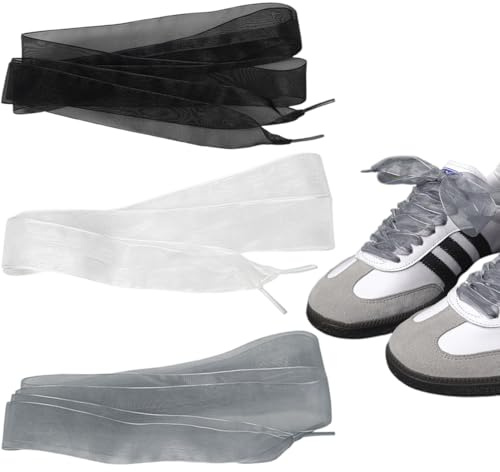 Larga lacci organze per scarpe, 3 paia Lacci Per Scarpe Con Nastro Piatto In Raso, Scarpe in Raso Lacci Morbidi, Lacci piatti in nastro di raso per i lacci delle, Nero bianco grigio